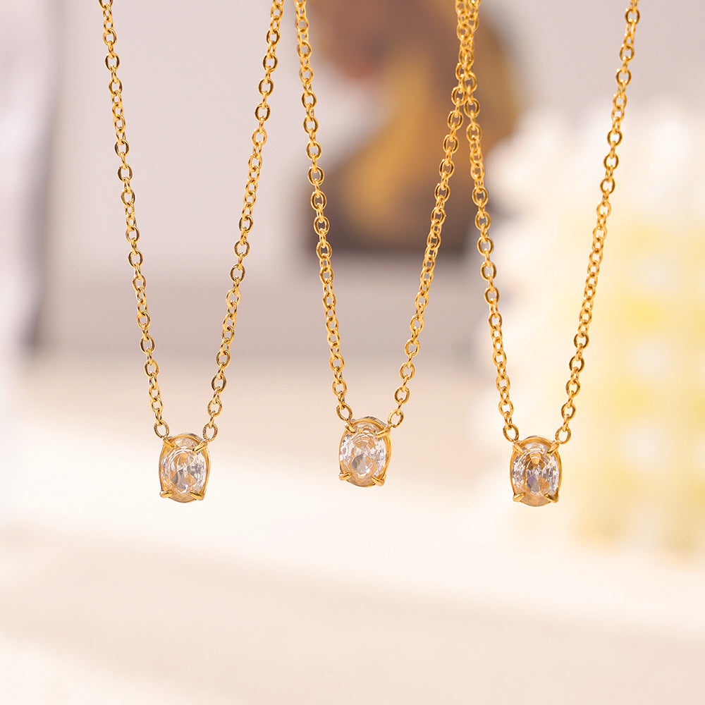 Stainless Steel Oval Pendant Inlay Cubic Zirconia Necklace