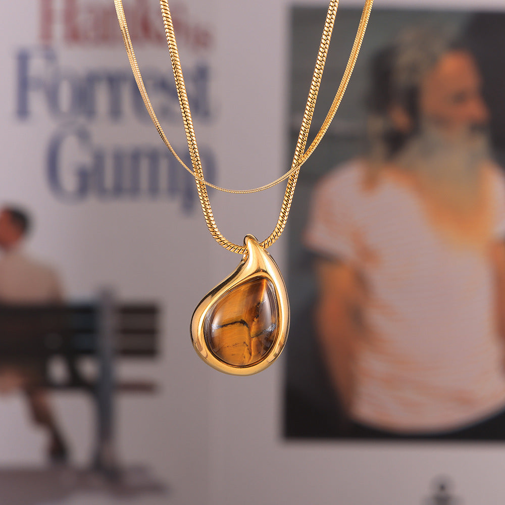 Water Drop Shaped Inlay Tiger Eye Stone Pendant Stainless Steel Necklace