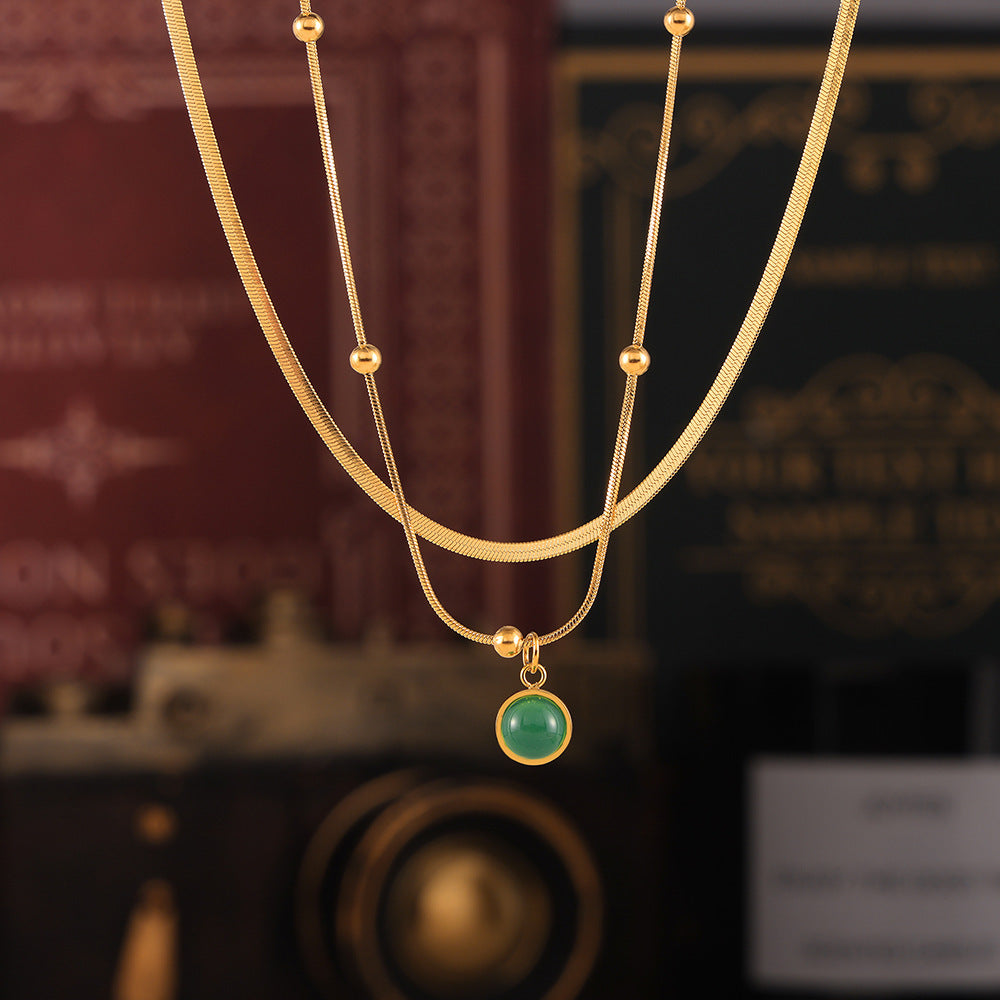 Stainless Steel Green Glass Stone Pendant Necklace