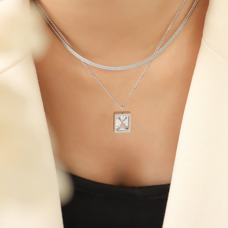 Square Pendant Double Layer Stainless Steel Necklace