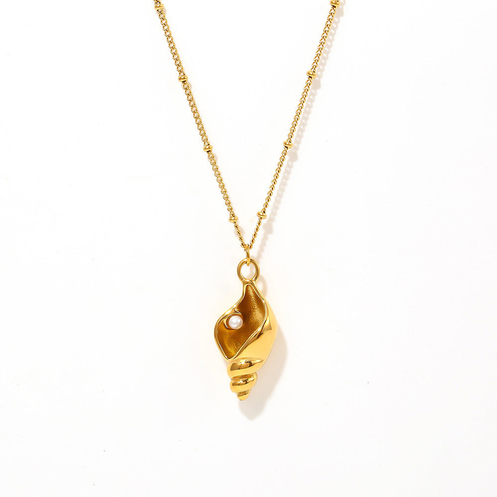 Stainless Steel Conch Inlay Imitation Pearl Pendant Necklace