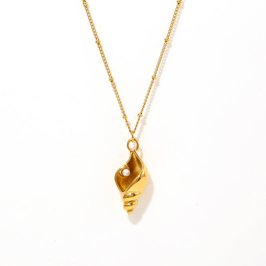 Stainless Steel Conch Inlay Imitation Pearl Pendant Necklace