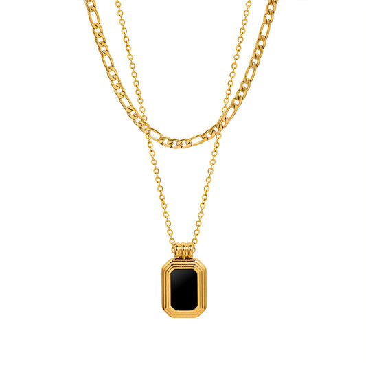 Stainless Steel Double Layered Stackable Square Pendant Necklace