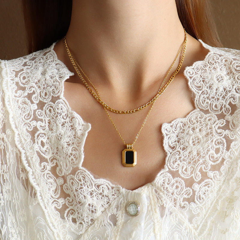 Stainless Steel Double Layered Stackable Square Pendant Necklace