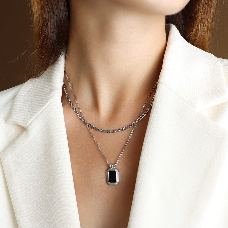 Stainless Steel Double Layered Stackable Square Pendant Necklace