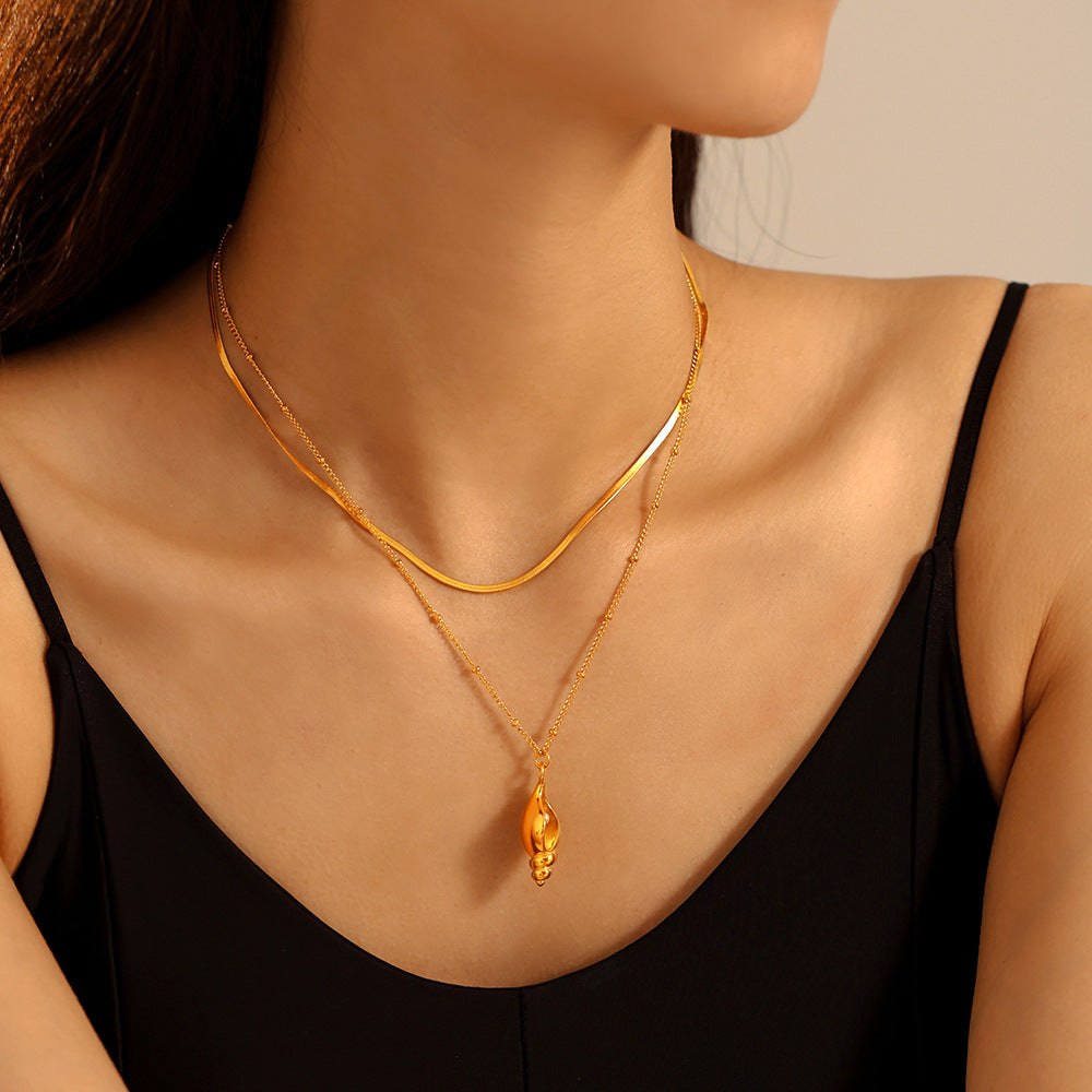 Stainless Steel Conch Inlay Imitation Pearl Pendant Necklace