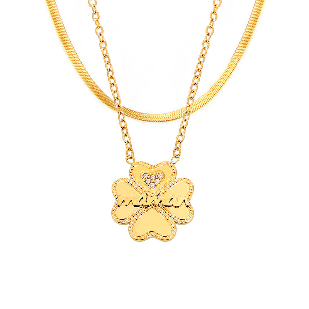 Stainless Steel Four-leaf Clover Mama Letter Pendant Stackable Necklace