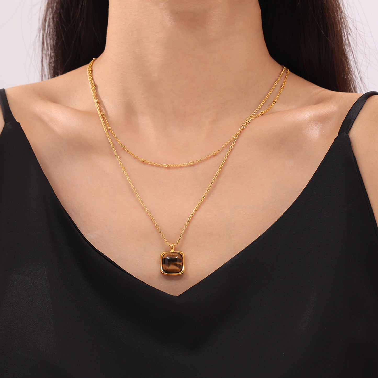 Stainless Steel 18K Gold PVD Square Tiger Eye Stone Pendant Necklace