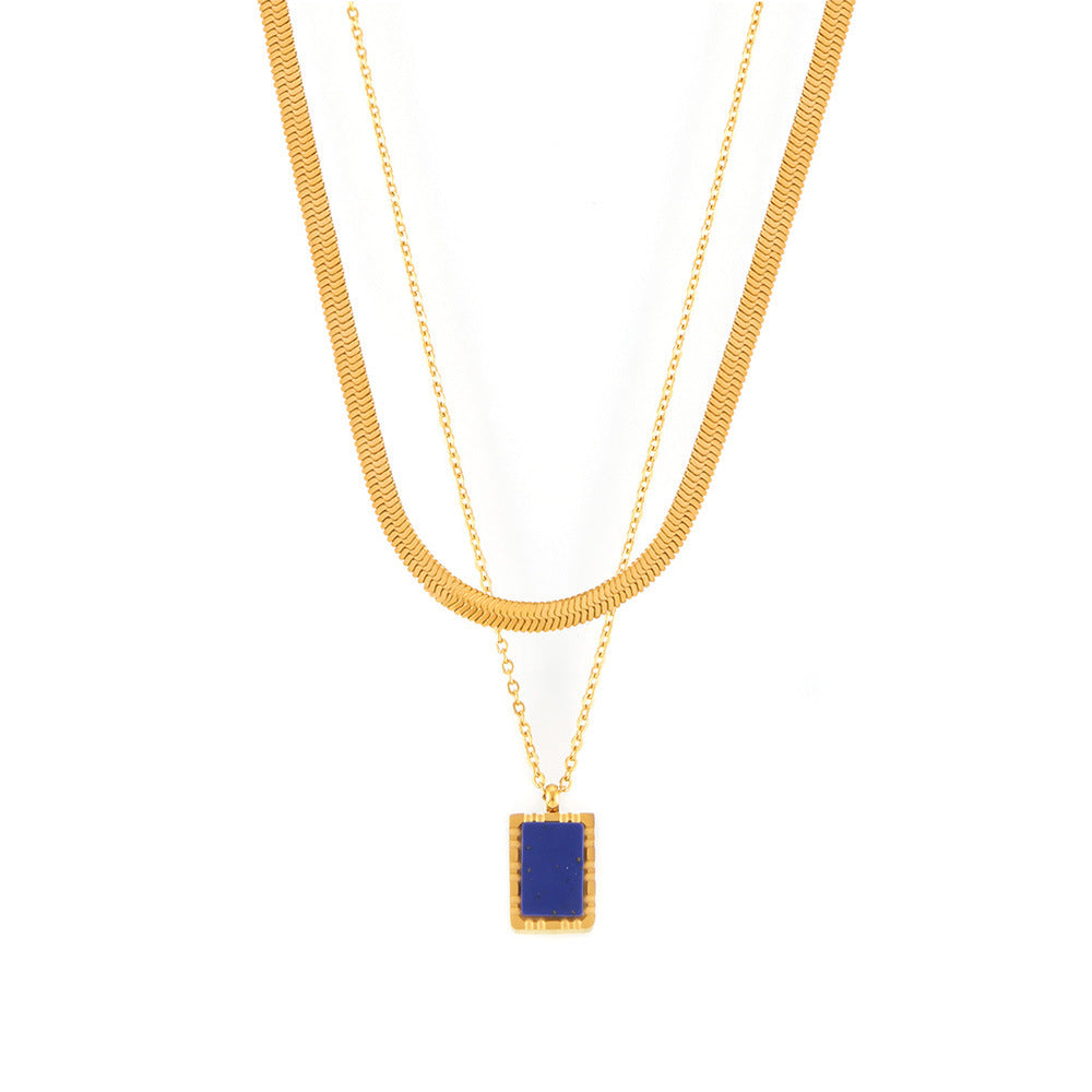 Blue Lapis Lazuli Square Pendant Stainless Steel Necklace