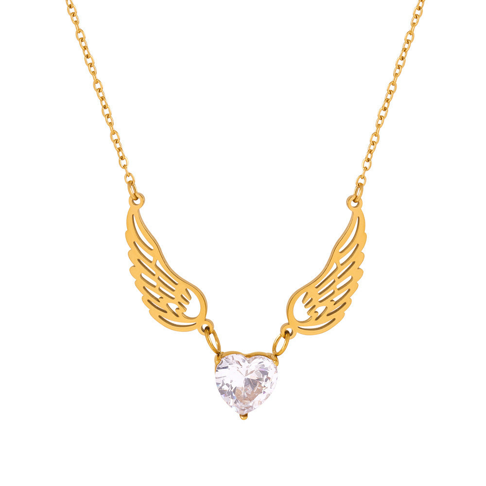 Stainless Steel Heart Cubic Zirconia Angel Wings Necklace