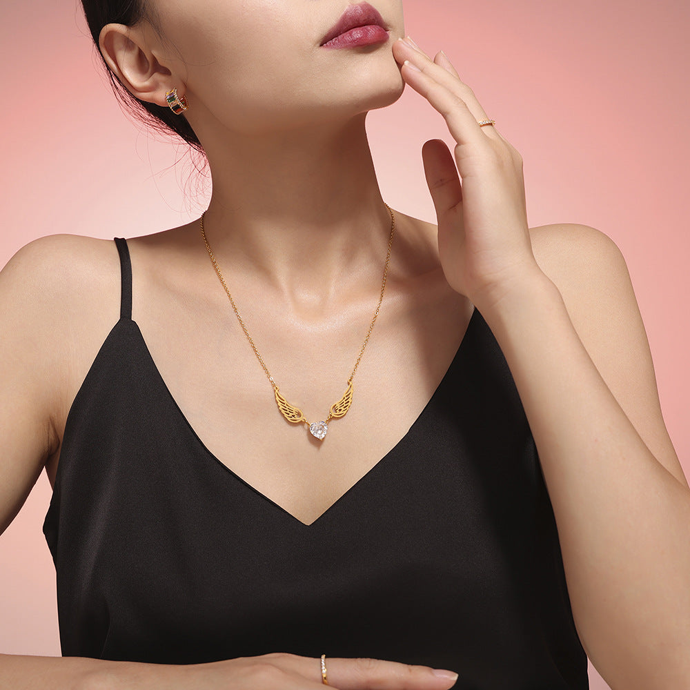 Stainless Steel Heart Cubic Zirconia Angel Wings Necklace