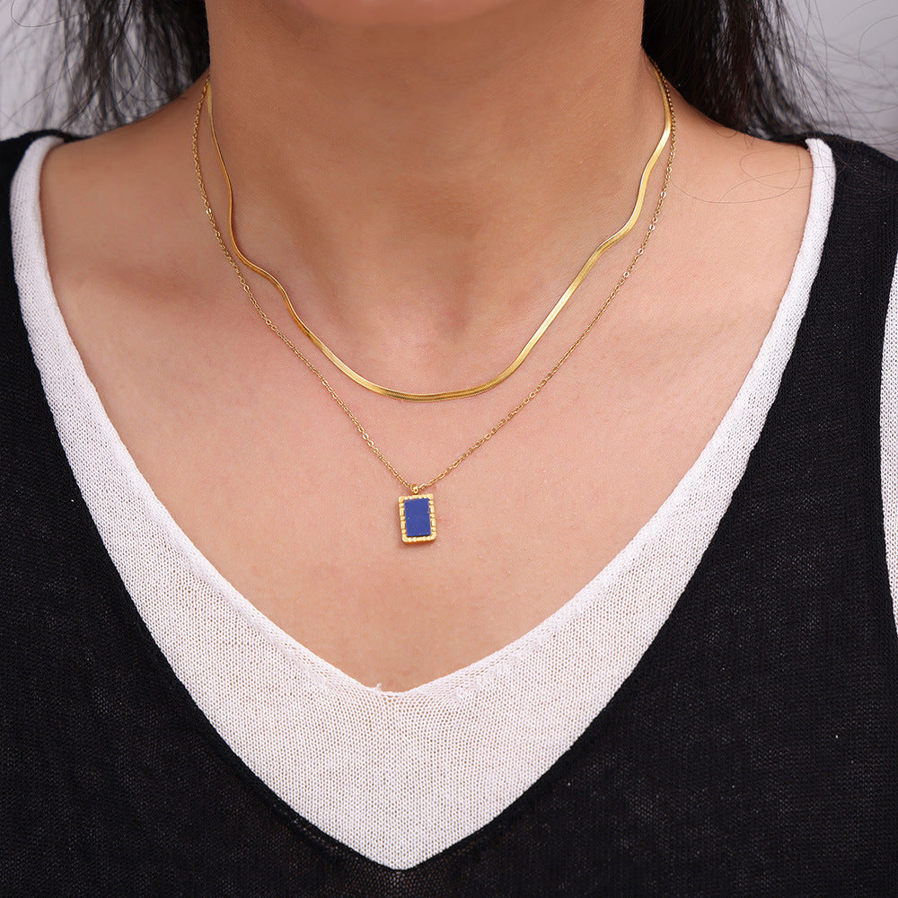 Blue Lapis Lazuli Square Pendant Stainless Steel Necklace