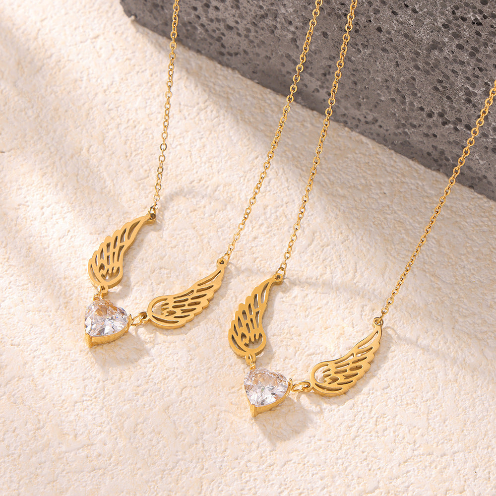 Stainless Steel Heart Cubic Zirconia Angel Wings Necklace