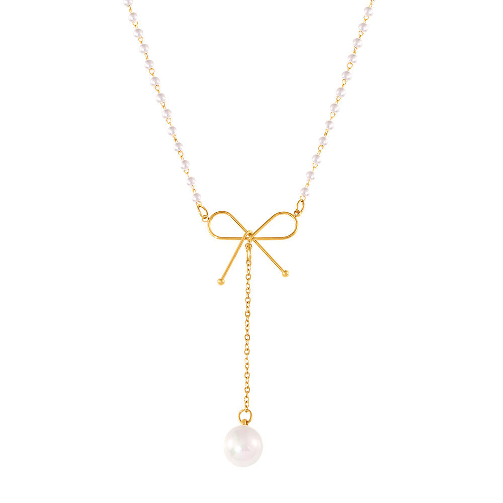 Stainless Steel Bow Imitation Pearl Lariat Necklace