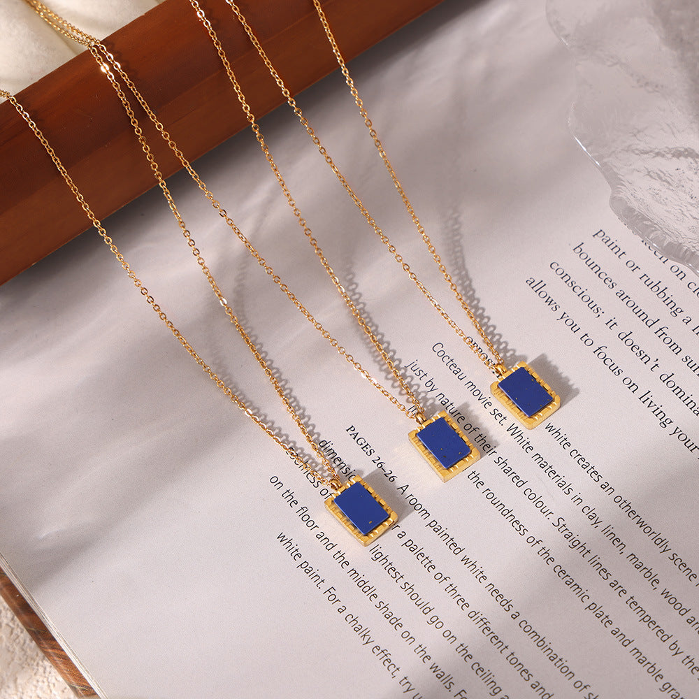 Blue Lapis Lazuli Square Pendant Stainless Steel Necklace