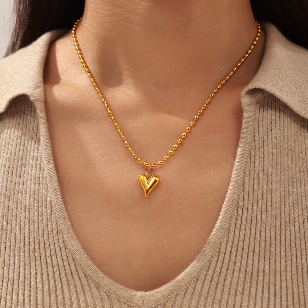 Heart Pendant Beaded Chain Stainless Steel Necklace
