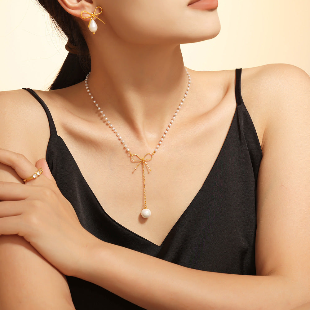 Stainless Steel Bow Imitation Pearl Lariat Necklace