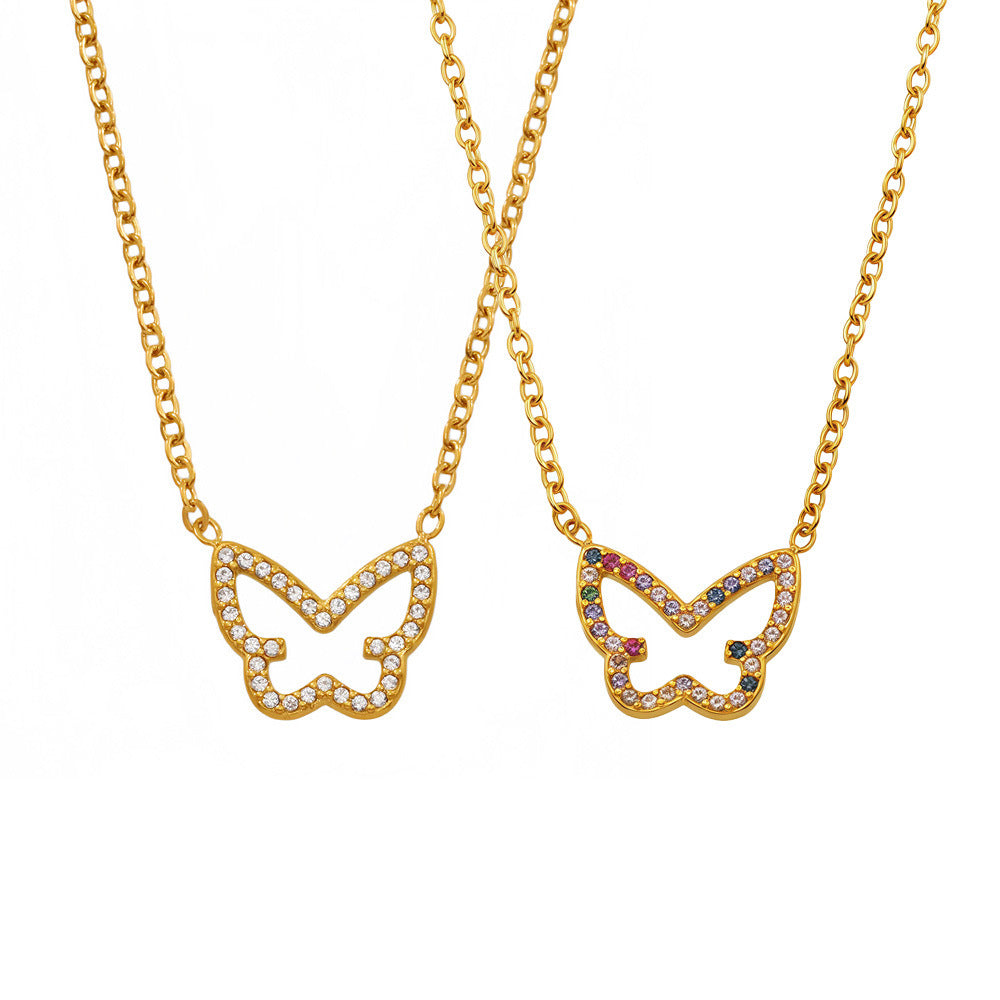 Stainless Steel Hollow Butterfly Shape Inlay Cubic Zirconia Necklace