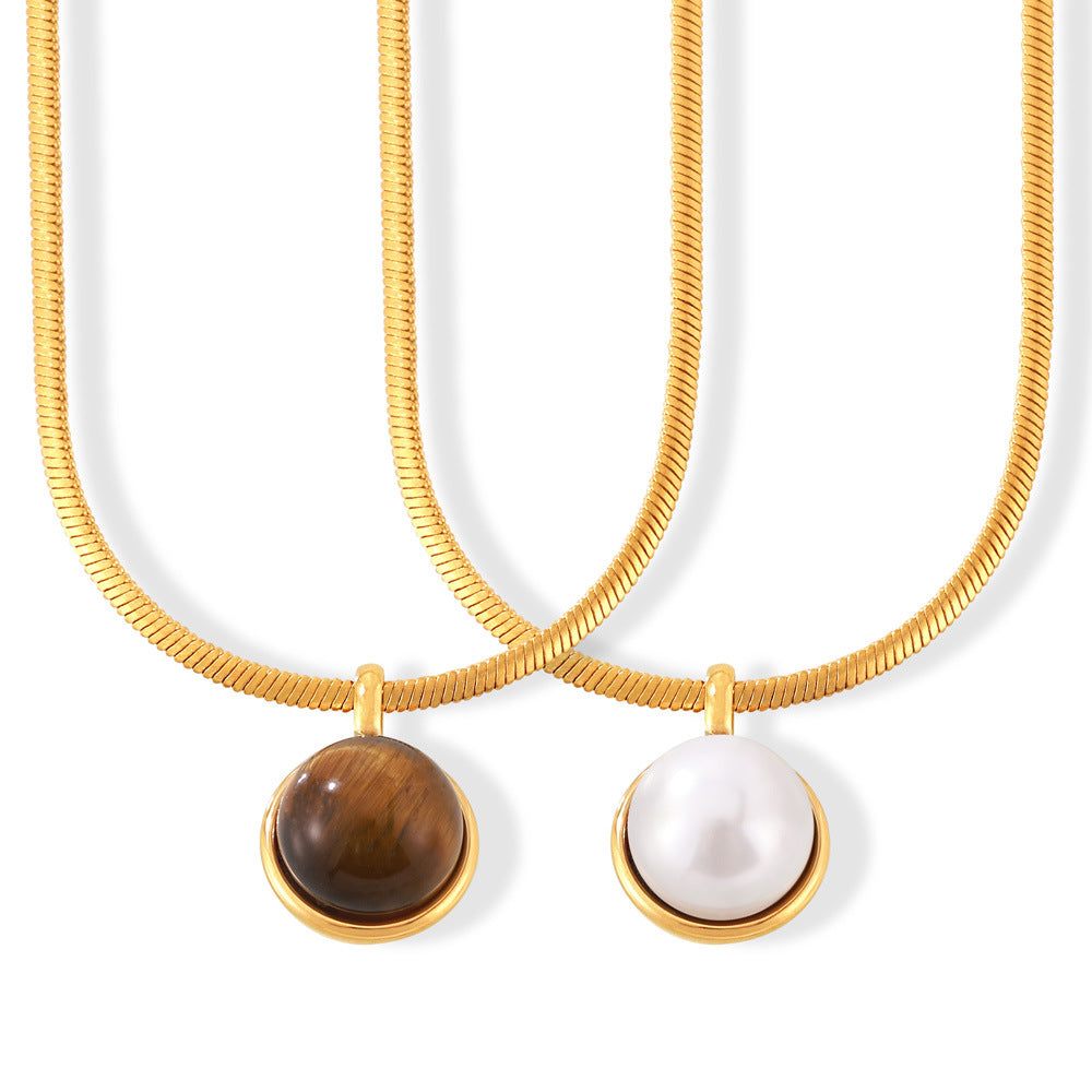 Stainless Steel Round Imitation Pearl Tiger Eye Stone Pendant Necklace