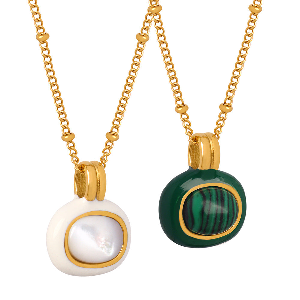 Stainless Steel White Shell Malachite Pendant Necklace