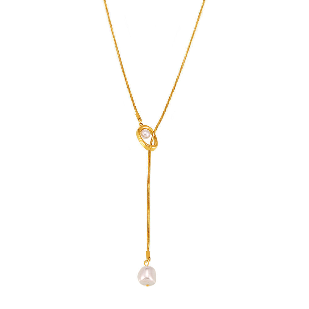 Tassel Imitation Pearl Stainless Steel Lariat Necklace