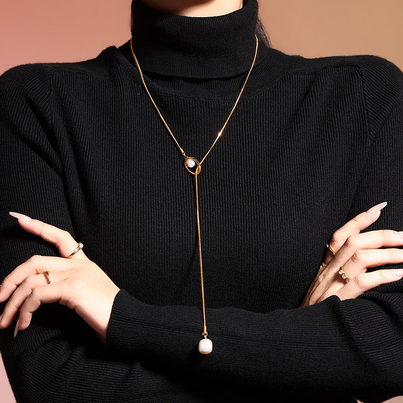 Tassel Imitation Pearl Stainless Steel Lariat Necklace