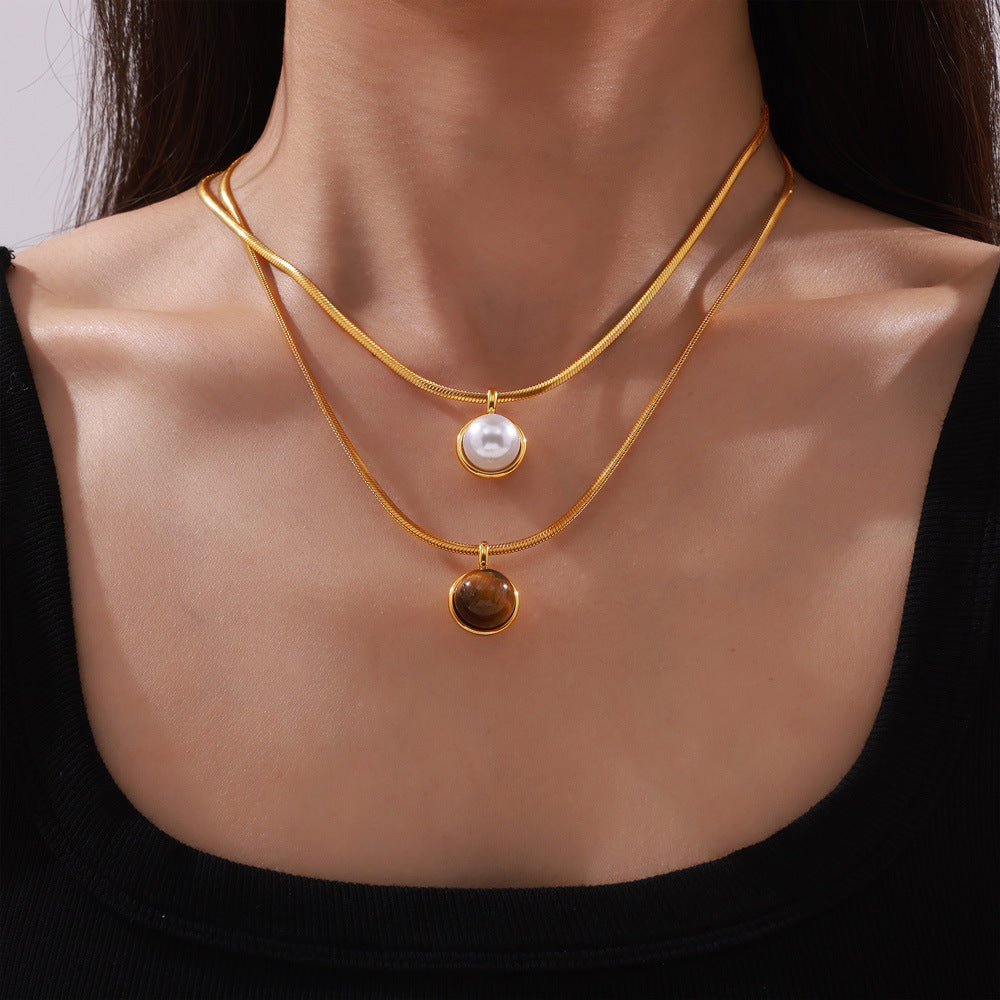 Stainless Steel Round Imitation Pearl Tiger Eye Stone Pendant Necklace