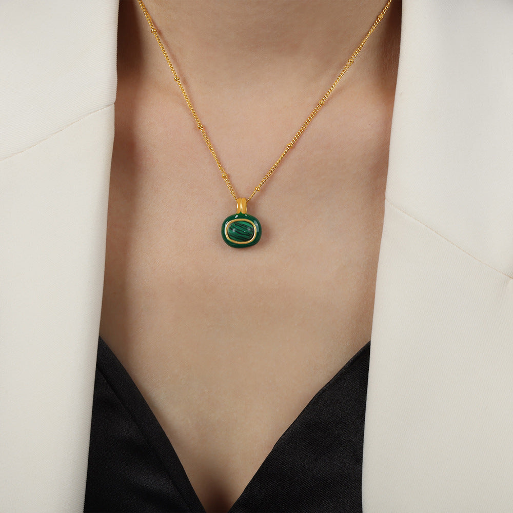 Stainless Steel White Shell Malachite Pendant Necklace