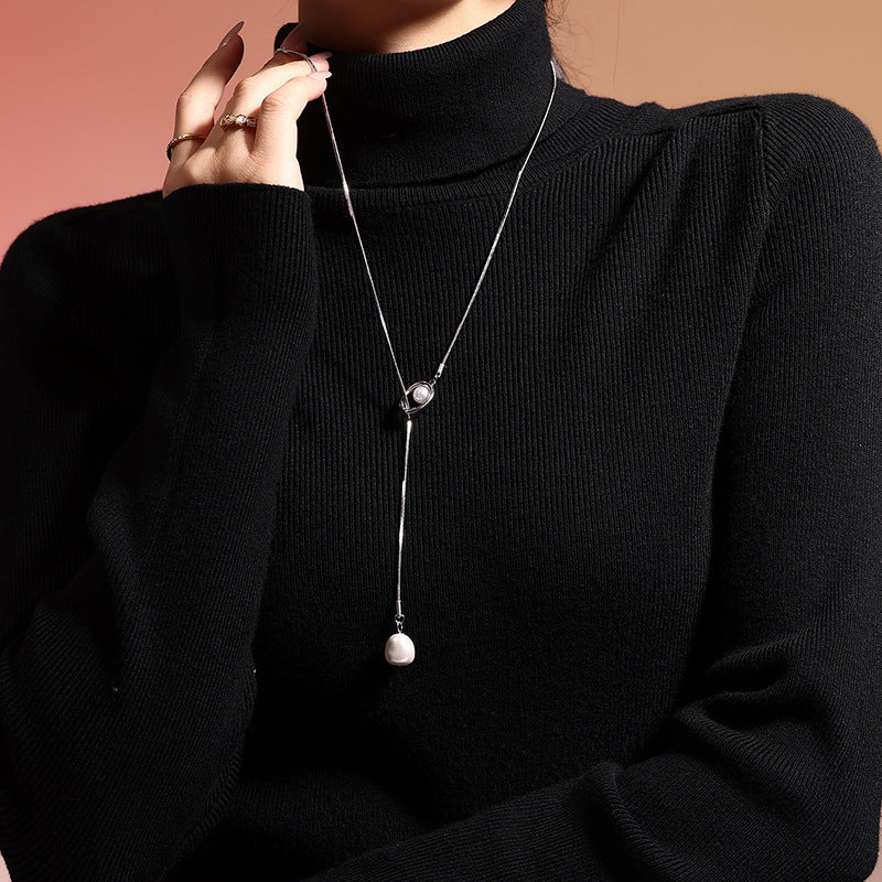 Tassel Imitation Pearl Stainless Steel Lariat Necklace