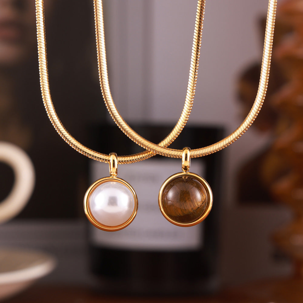 Stainless Steel Round Imitation Pearl Tiger Eye Stone Pendant Necklace