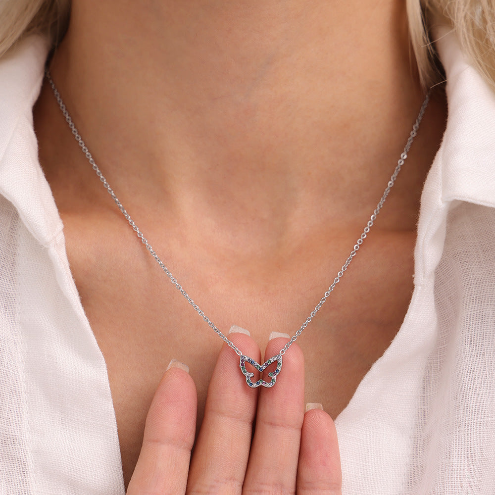 Stainless Steel Hollow Butterfly Shape Inlay Cubic Zirconia Necklace