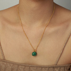 Stainless Steel White Shell Malachite Pendant Necklace