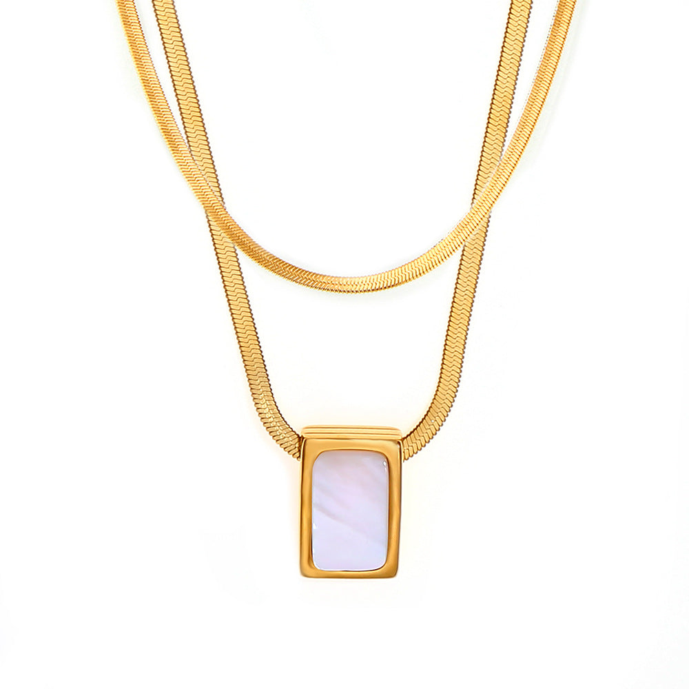 Stainless Steel Square Inlay Mother of Pearl Pendant Snake Chain Necklace
