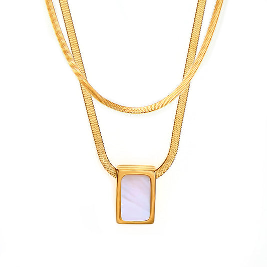 Stainless Steel Square Inlay Mother of Pearl Pendant Snake Chain Necklace