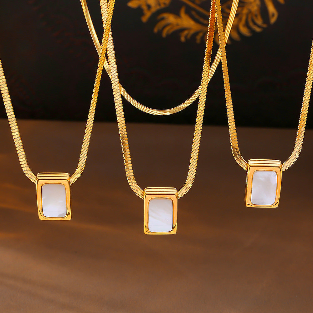 Stainless Steel Square Inlay Mother of Pearl Pendant Snake Chain Necklace