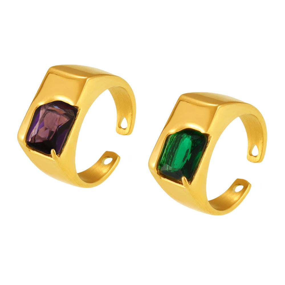 Polished Stainless Steel Geometric Inlaid CZ Cuff Ring