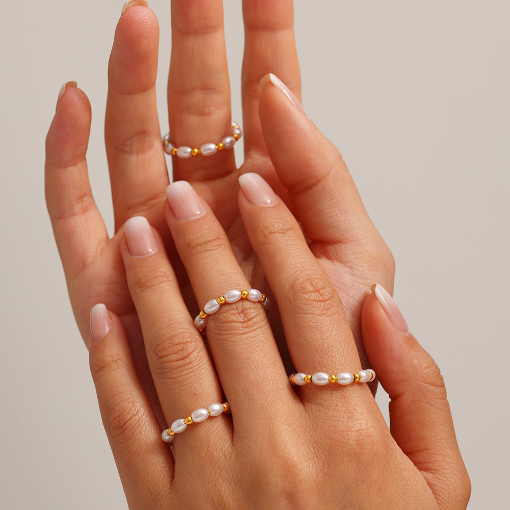 Stainless Steel Imitation Pearl Beaded Ring