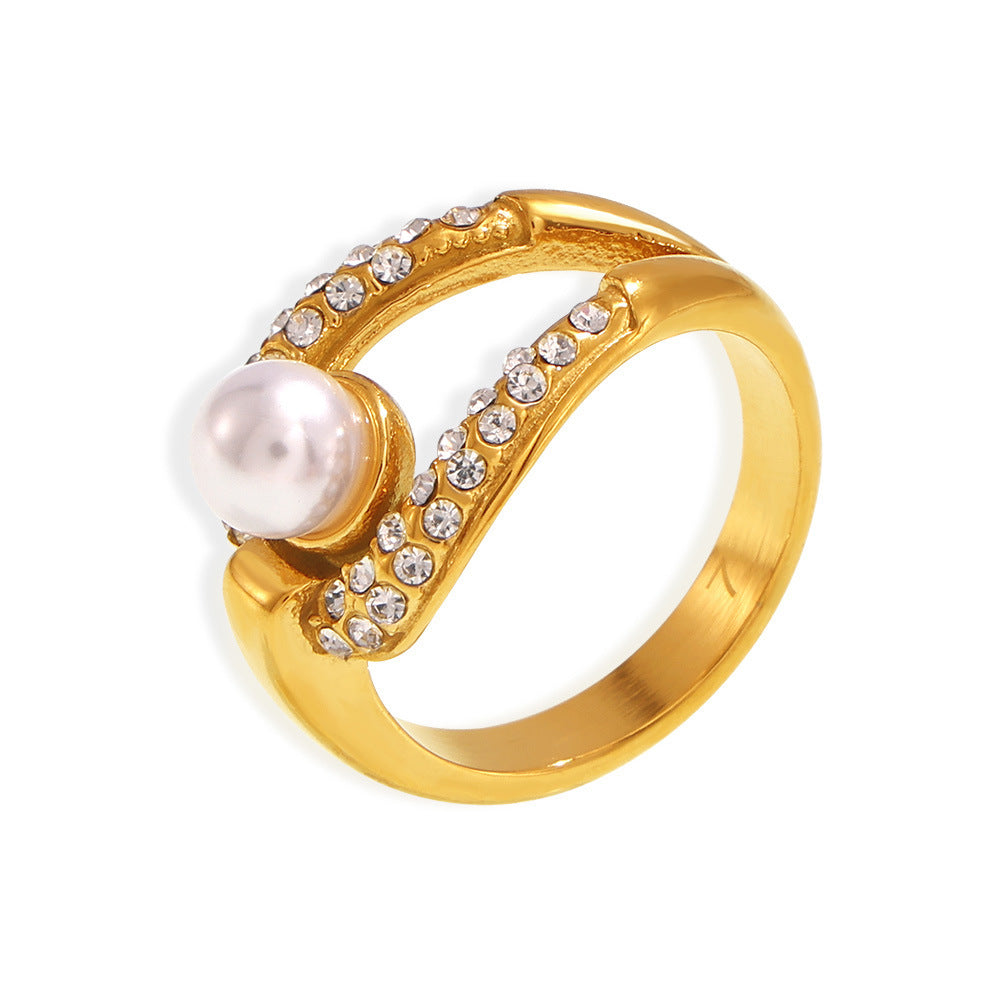 Stainless Steel Imitation Pearl Inlay Rhinestone Hollow Ring
