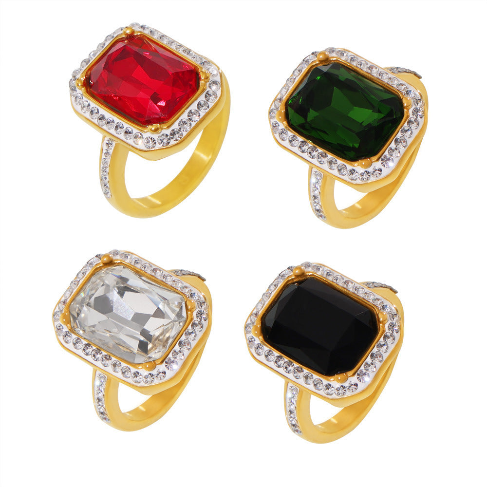 Stainless Steel Rectangular Inlay Large Czech Diamond Ring