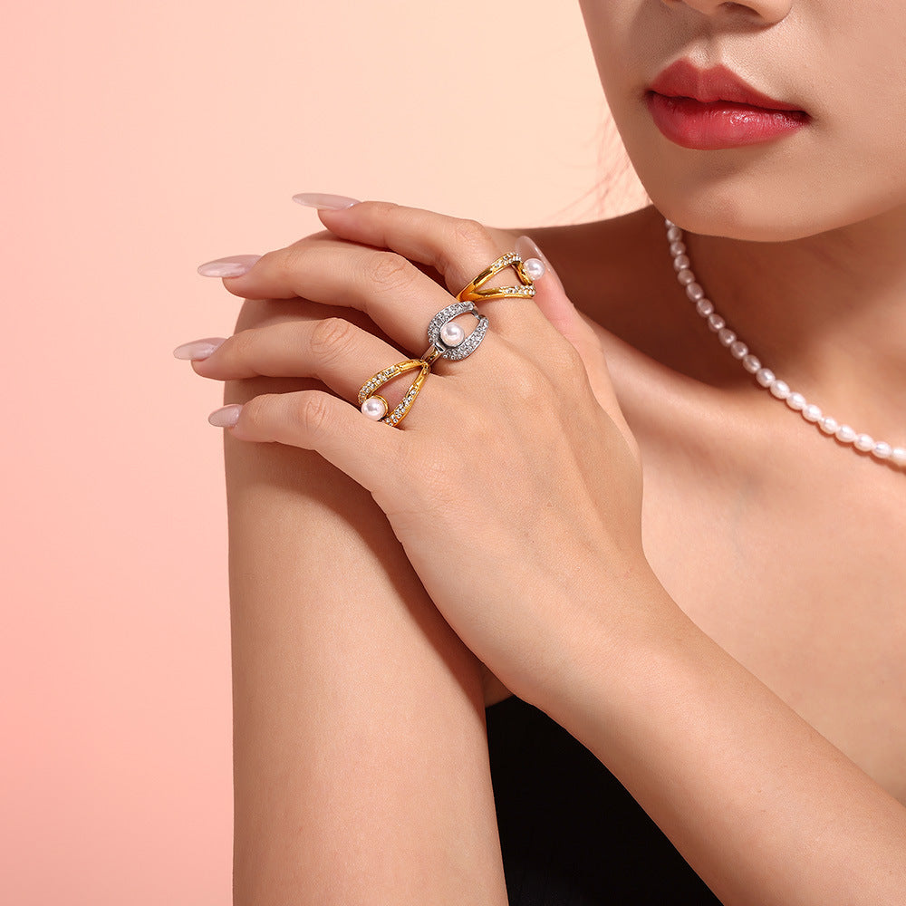 Stainless Steel Imitation Pearl Inlay Rhinestone Hollow Ring