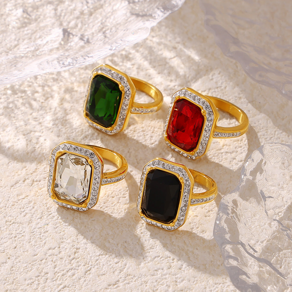 Stainless Steel Rectangular Inlay Large Czech Diamond Ring