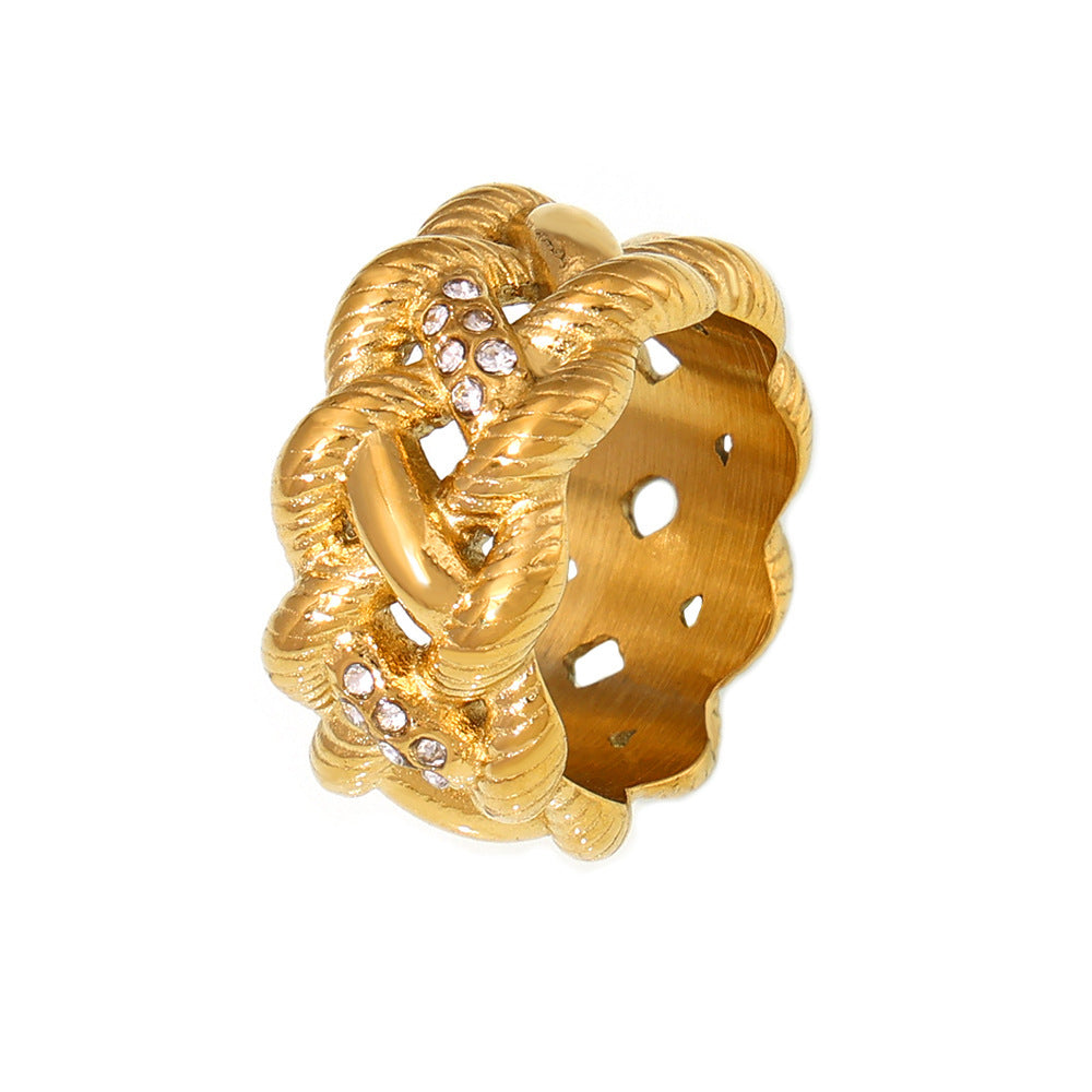 Stainless Steel Vintage Twisted Rope Inlay Czech Diamond Ring
