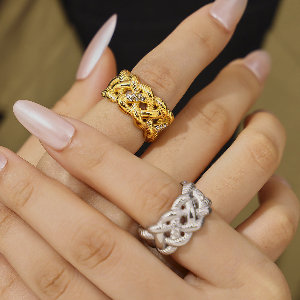 Stainless Steel Vintage Twisted Rope Inlay Czech Diamond Ring