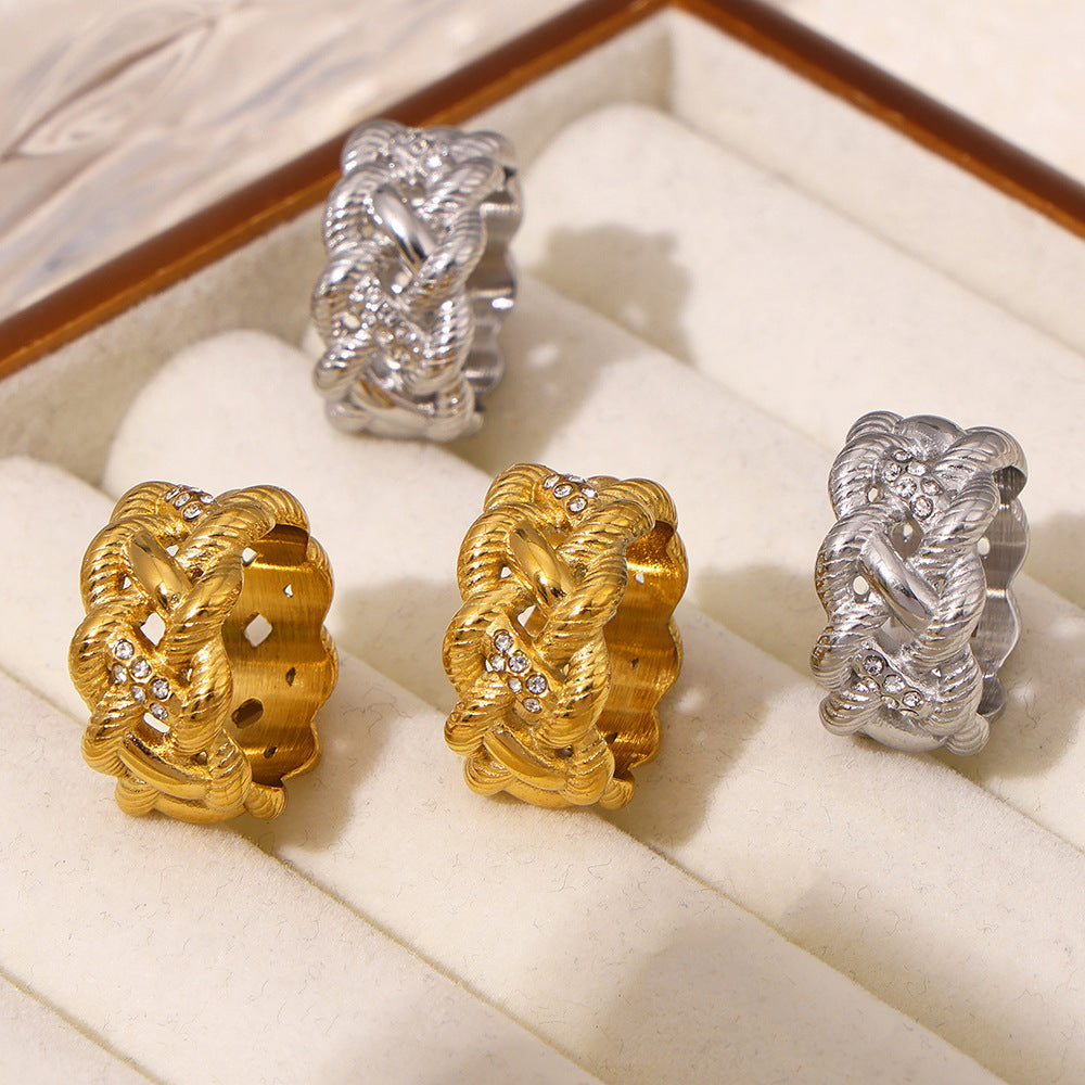 Stainless Steel Vintage Twisted Rope Inlay Czech Diamond Ring