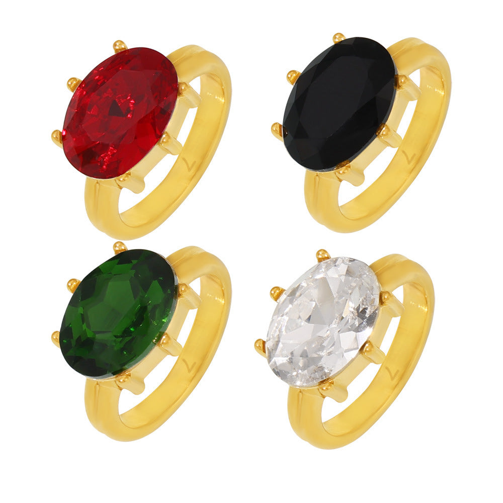 Stainless Steel Oval Glass Stone Ring