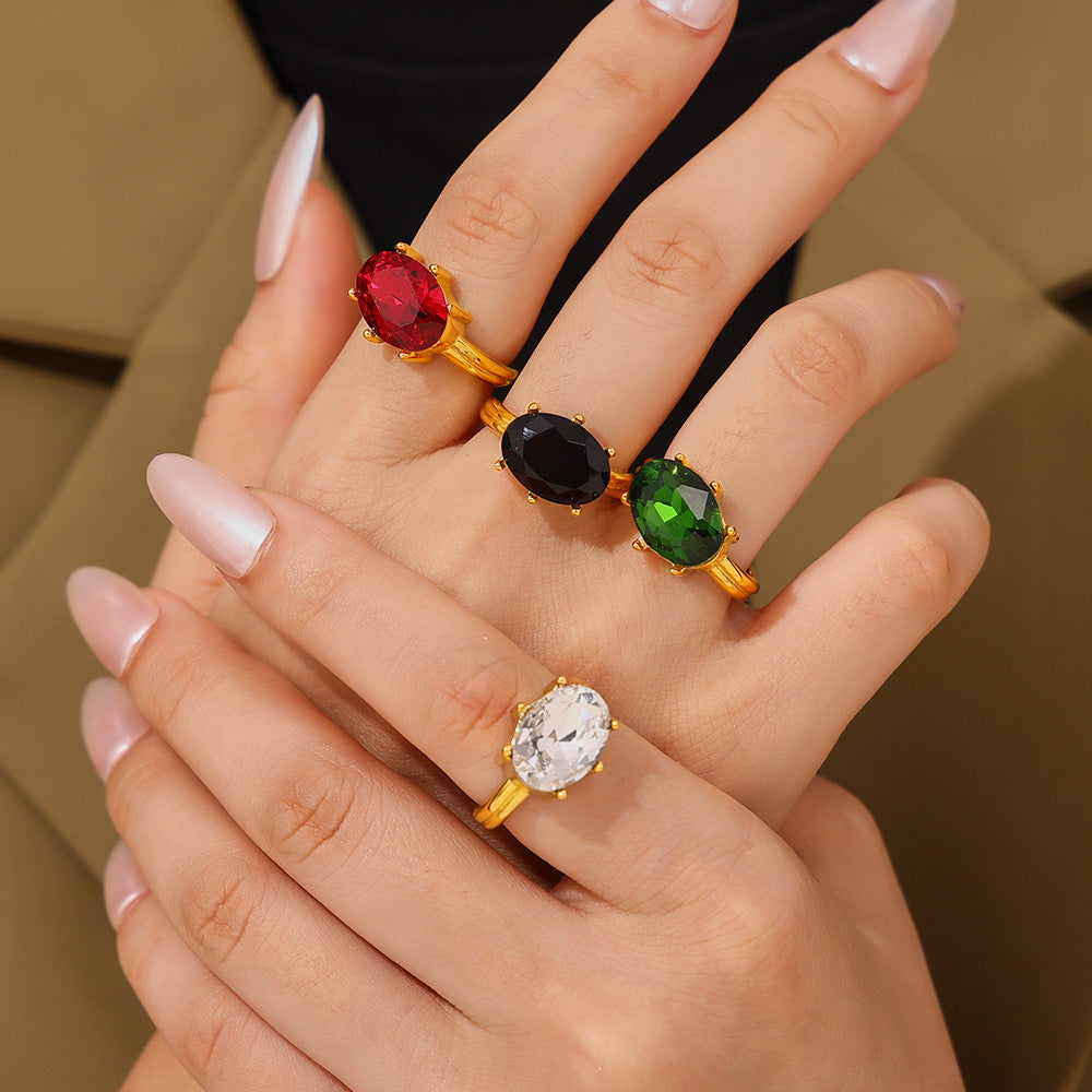 Stainless Steel Oval Glass Stone Ring