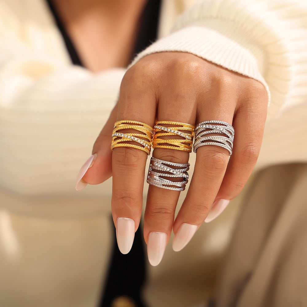 Stainless Steel Multi-layer Interlaced Twisted Cubic Zirconia Ring