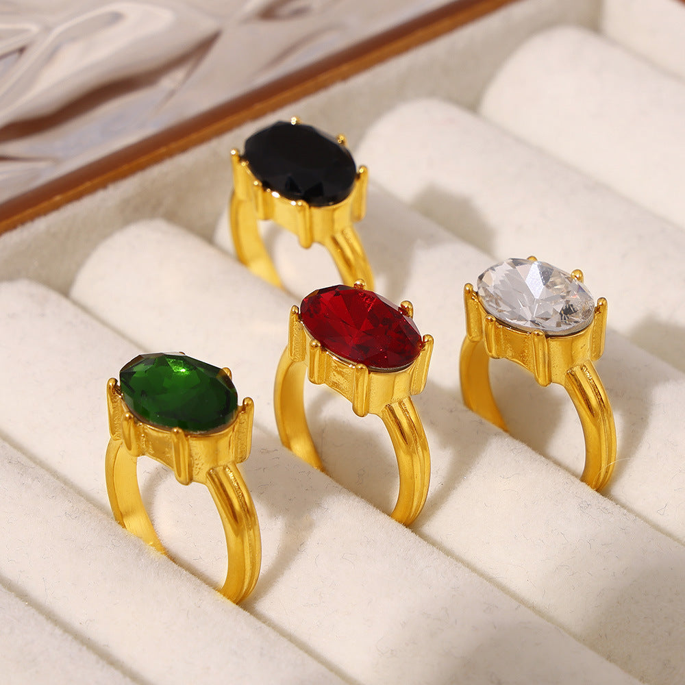 Stainless Steel Oval Glass Stone Ring