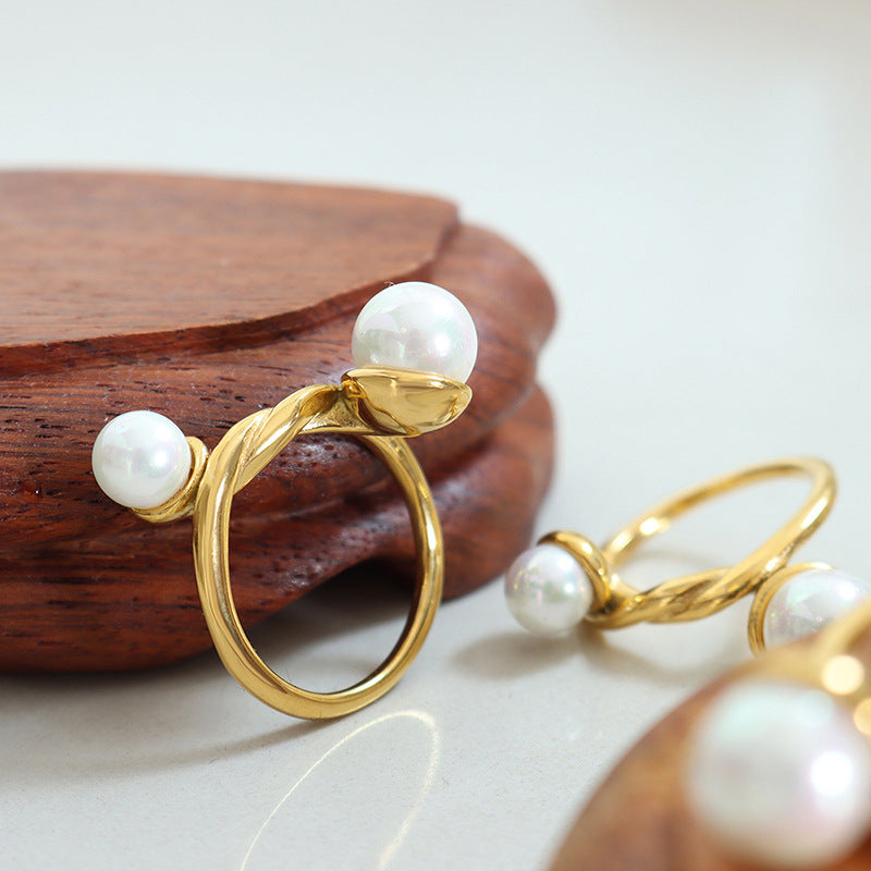 Stainless Steel Double Glass Bead Ring