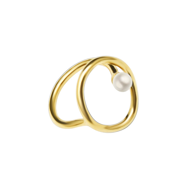 Stainless Steel Geometric Line Inlay Imitation Pearl Ring